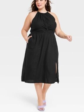 Ava & Viv Linen Black Halter Midi Dress - Women 2X